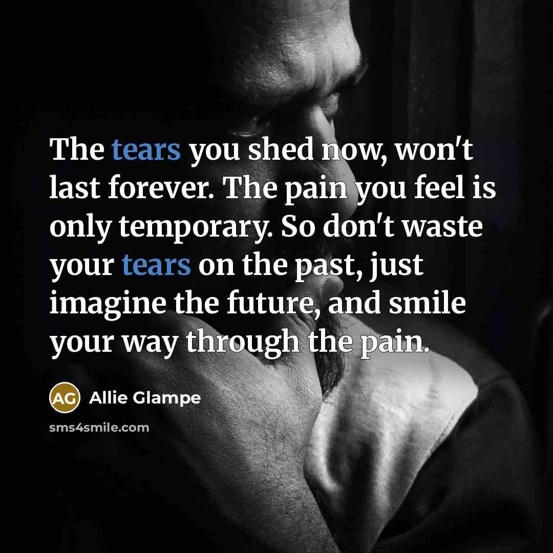 “The tears you shed now, won't last forever. The pain you feel is only temporary. So don't waste your tears on the past, just imagine the future, and smile your way through the pain.” quote by Allie Glampe