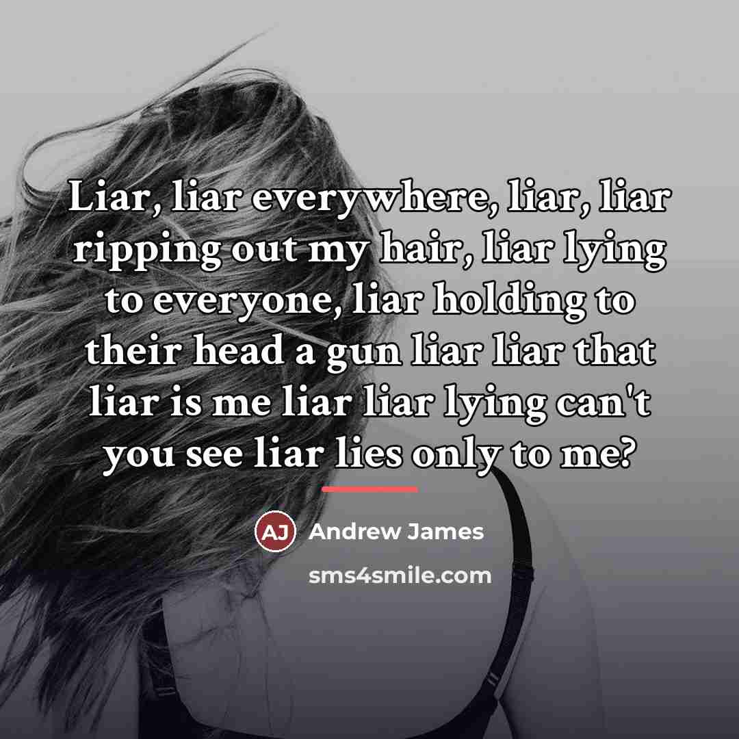 “Liar, liar everywhere, liar, liar ripping out my hair, liar…” quote by Andrew James