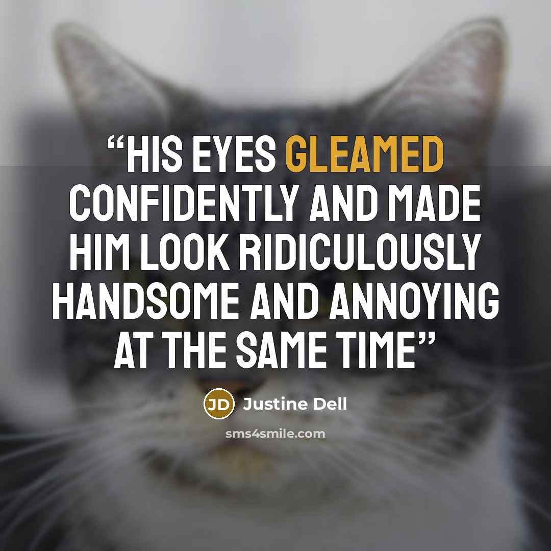 “His eyes gleamed confidently and made him look ridiculously handsome and annoying at the same time” quote by Justine Dell