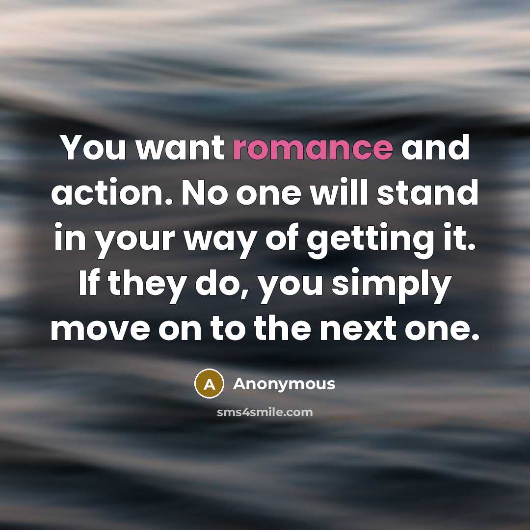 “You want romance and action. No one will stand in your way of getting it. If they do, you simply move on to the next one.” quote by Anonymous