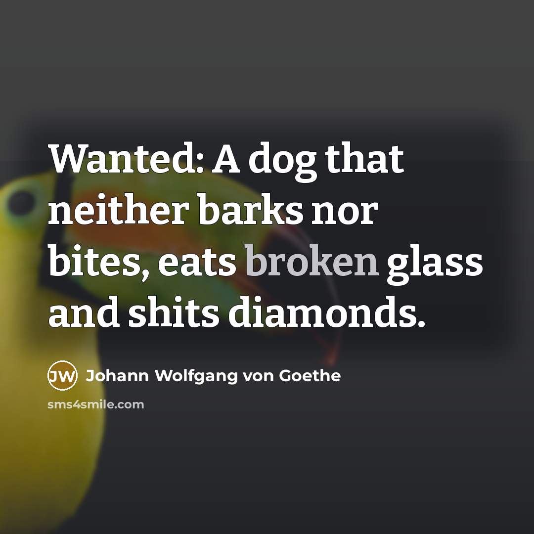 “Wanted: A dog that neither barks nor bites, eats broken glass and shits diamonds.” quote by Johann Wolfgang von Goethe