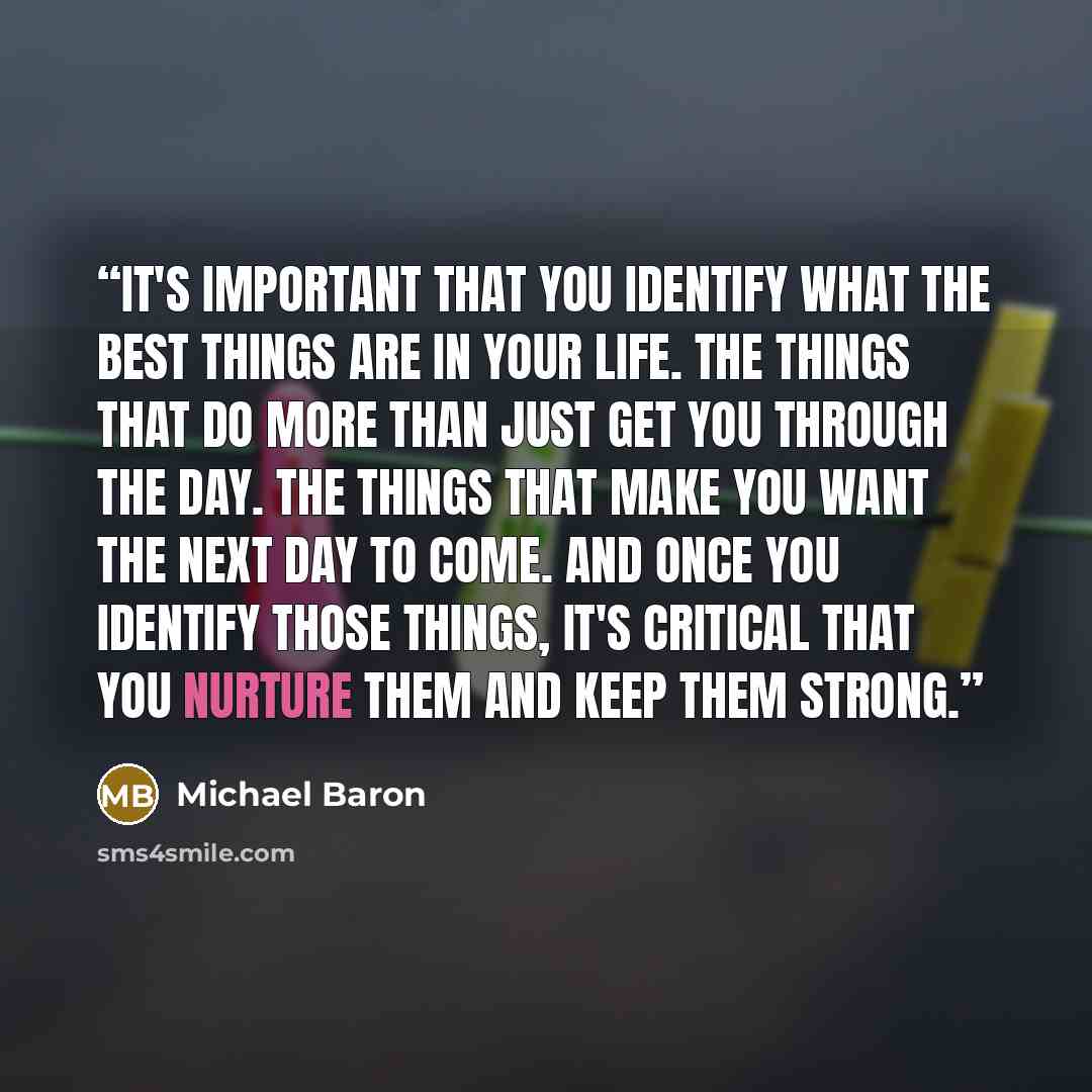“It's important that you identify what the best things are in your life. The things that do more than just get you through the day. The things that make you want the next day to come. And once you identify those things, it's critical that you nurture them and keep them strong.” quote by Michael Baron