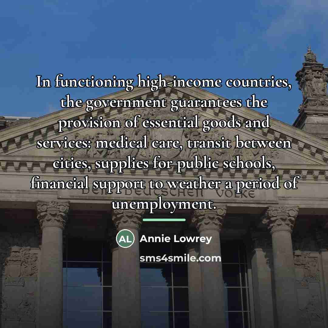 “In functioning high-income countries, the government guarantees the provision of…” quote by Annie Lowrey