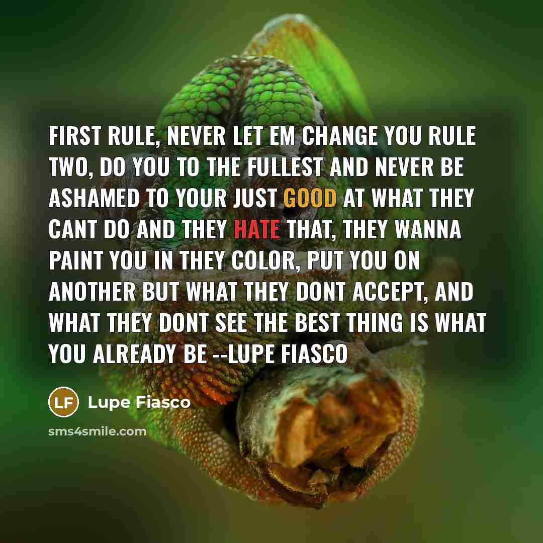 “First rule, never let em change you Rule two, do you to the fullest And never be ashamed to Your just good at what they cant do And they hate that, they wanna paint you In they color, put you on another But what they dont accept, and what they dont see The best thing is what you already be --Lupe…” quote by Lupe Fiasco