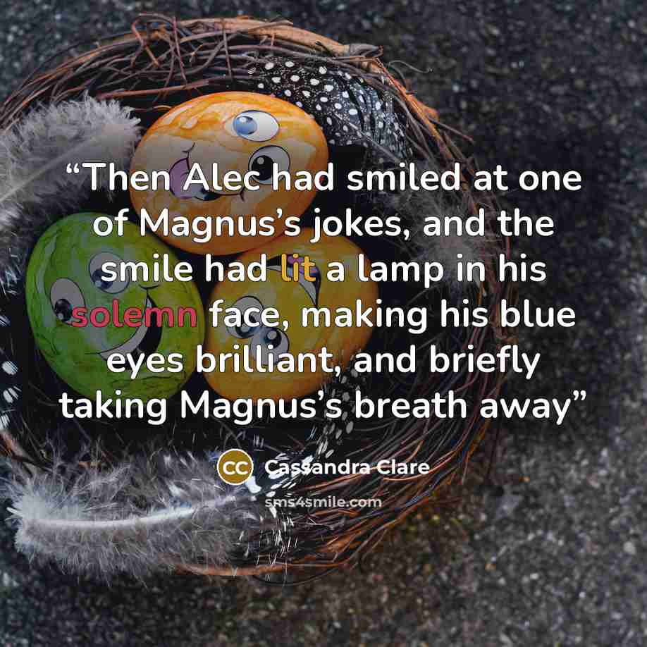 “Then Alec had smiled at one of Magnus’s jokes, and the smile had lit a lamp in his solemn face, making his blue eyes brilliant, and briefly taking Magnus’s breath away” quote by Cassandra Clare