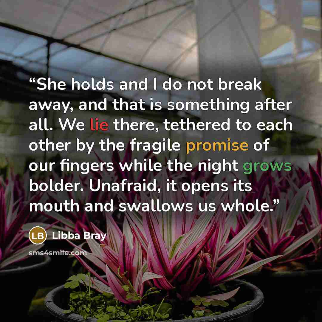 “She holds and I do not break away, and that is something after all. We lie there, tethered to each other by the fragile promise of our fingers while the night grows bolder. Unafraid, it opens its mouth and swallows us whole.” quote by Libba Bray