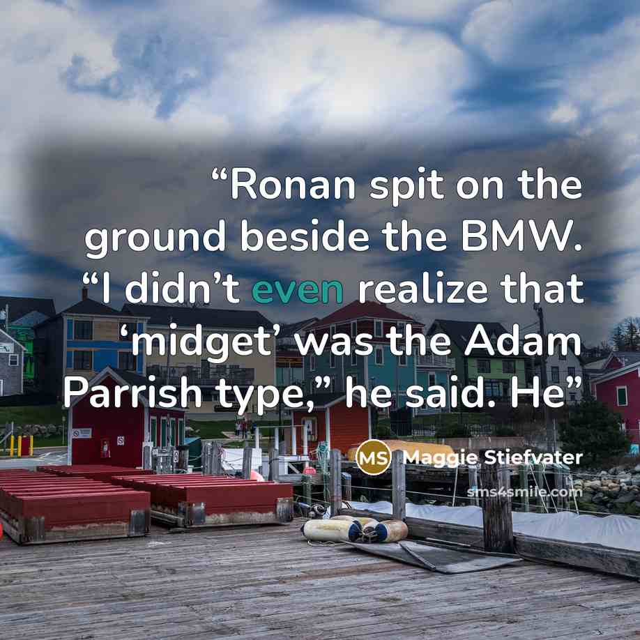 “Ronan spit on the ground beside the BMW. “I didn’t even realize that ‘midget’ was the Adam Parrish type,” he said. He” quote by Maggie Stiefvater