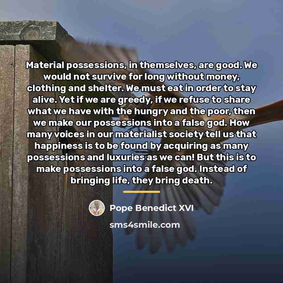 “Material possessions, in themselves, are good. We would not survive…” quote by Pope Benedict XVI