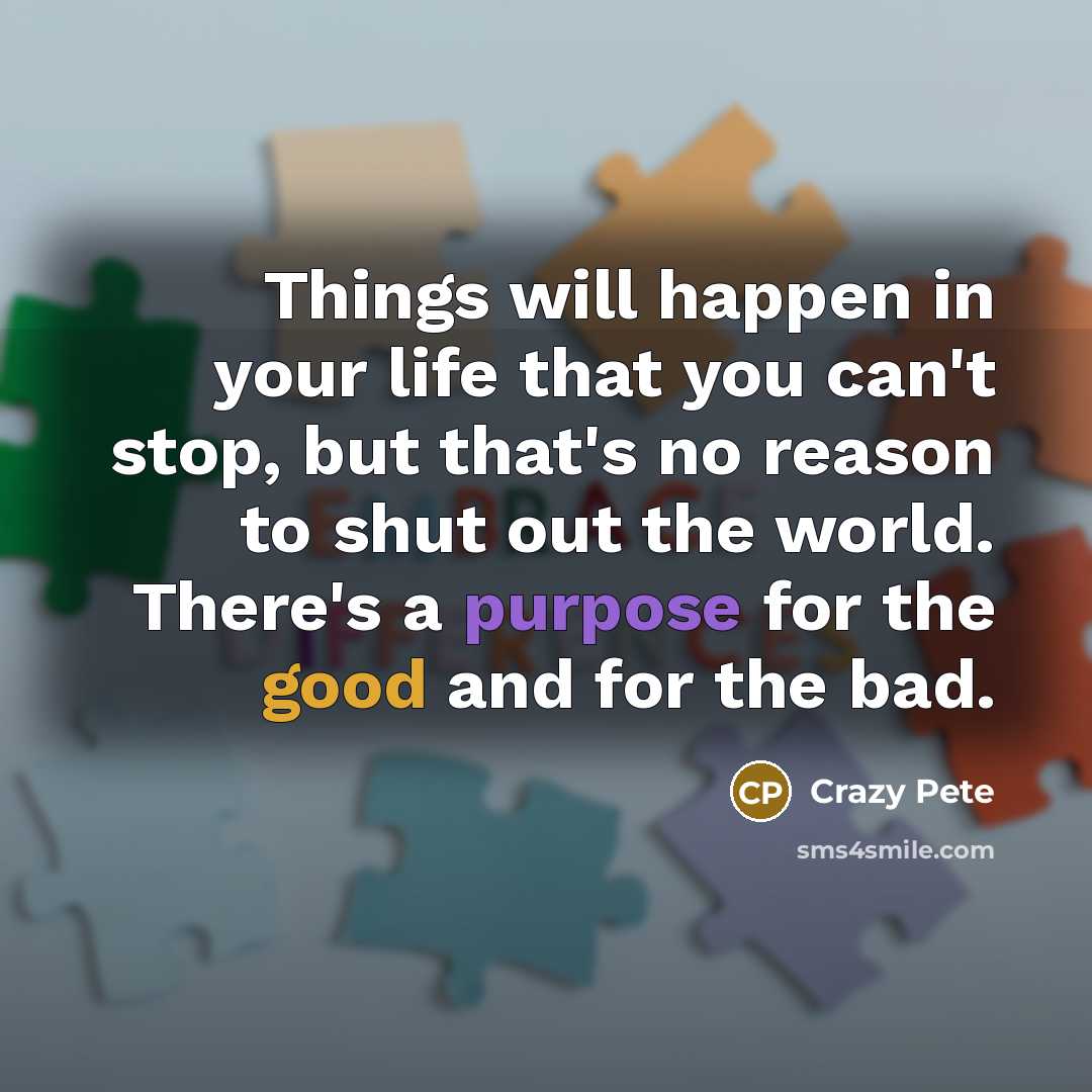 “Things will happen in your life that you can't stop, but that's no reason to shut out the world. There's a purpose for the good and for the bad.” quote by Crazy Pete