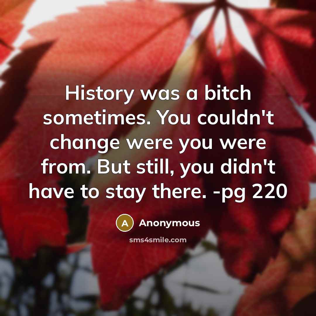 “History was a bitch sometimes. You couldn't change were you were from. But still, you didn't have to stay there. -pg 220” quote by Anonymous