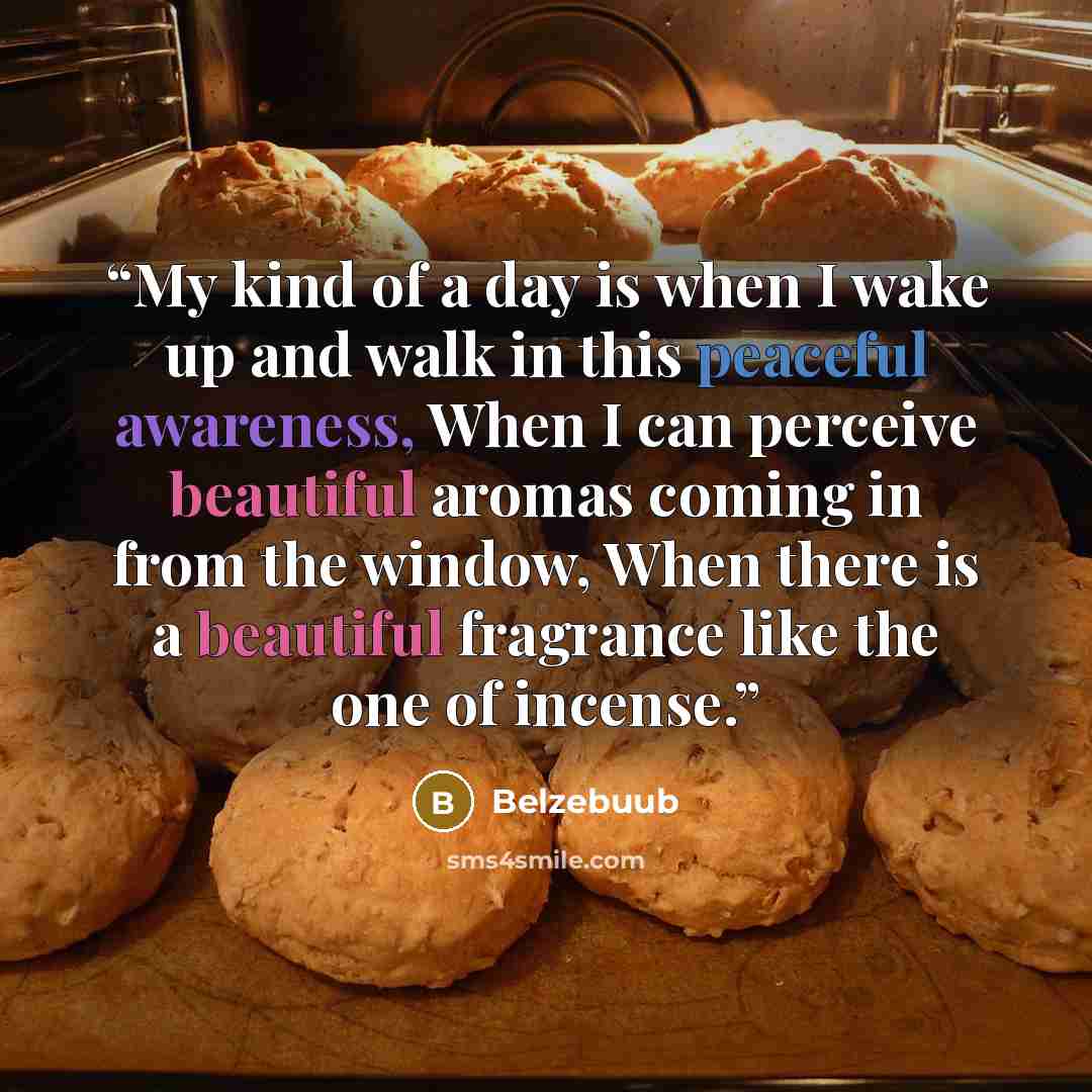 “My kind of a day is when I wake up and walk in this peaceful awareness, When I can perceive beautiful aromas coming in from the window, When there is a beautiful fragrance like the one of incense.” quote by Belzebuub