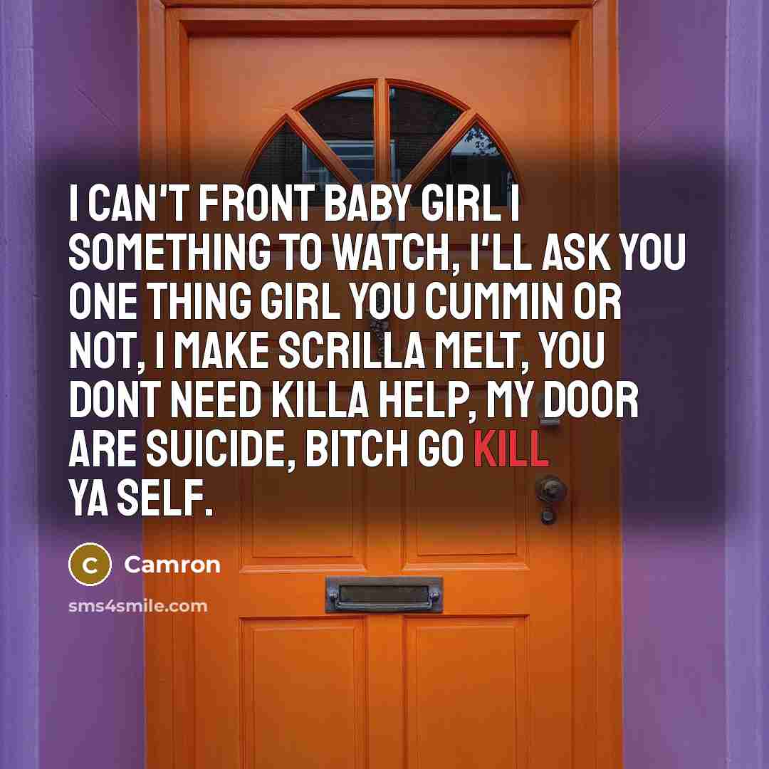 “I can't front baby girl I something to watch, I'll ask you one thing girl you cummin or not, I make scrilla melt, you dont need killa help, my door are suicide, bitch go kill ya self.” quote by Camron
