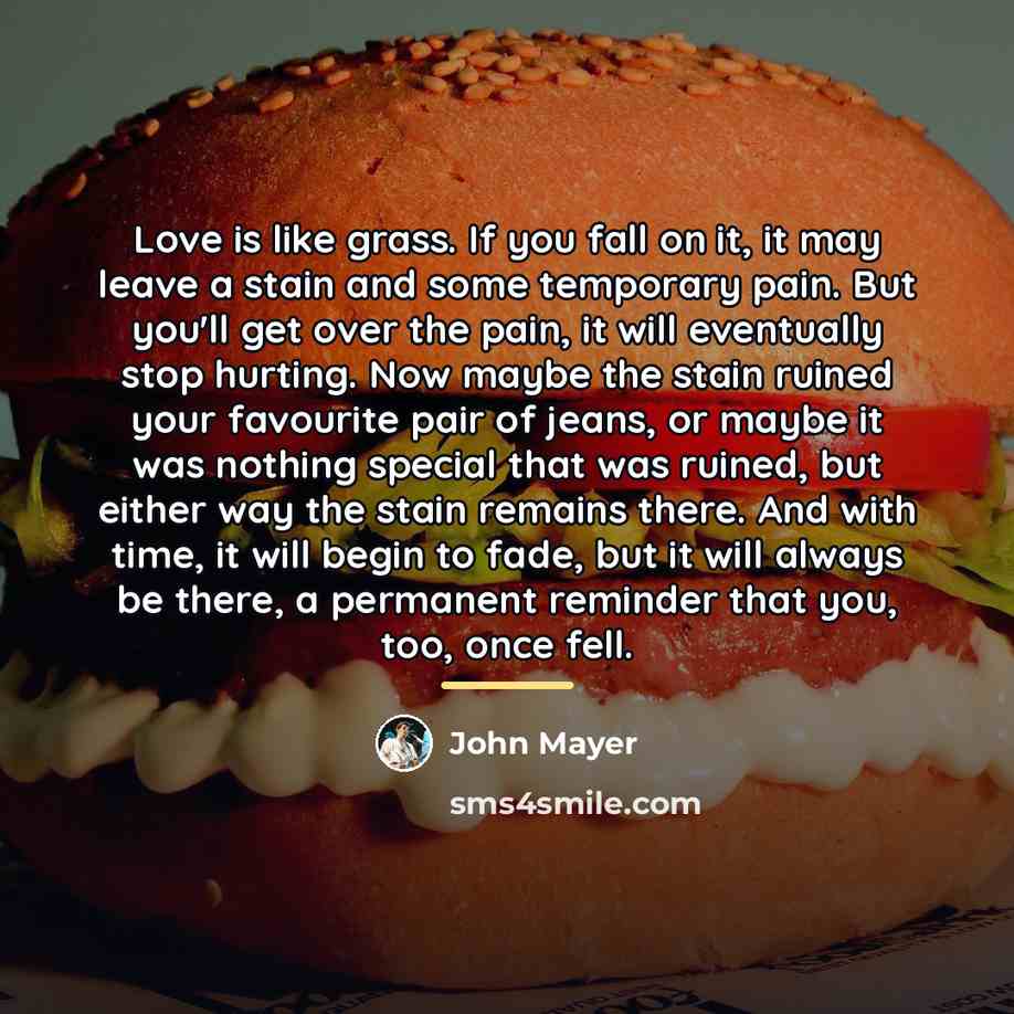 “Love is like grass. If you fall on it, it…” quote by John Mayer