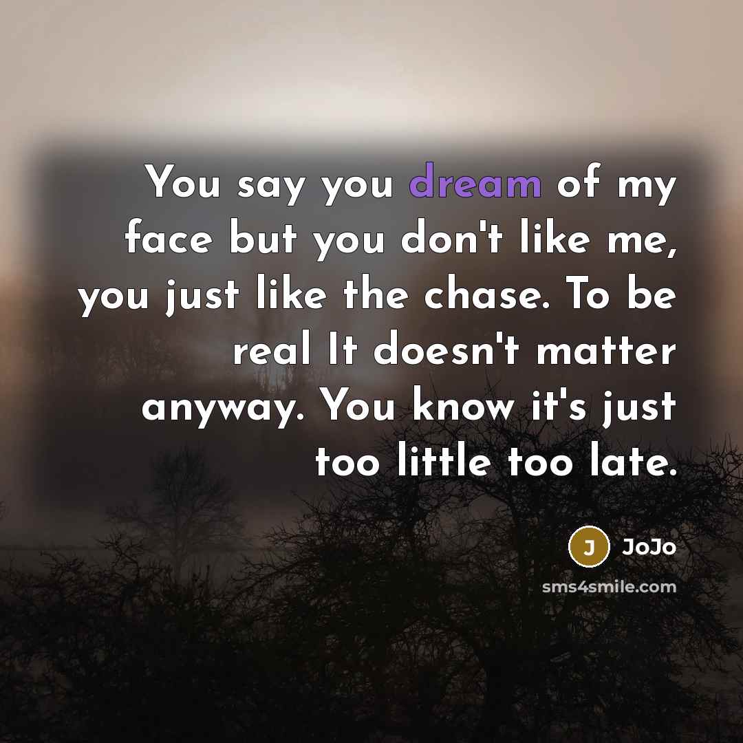 “You say you dream of my face but you don't like me, you just like the chase. To be real It doesn't matter anyway. You know it's just too little too late.” quote by Jojo