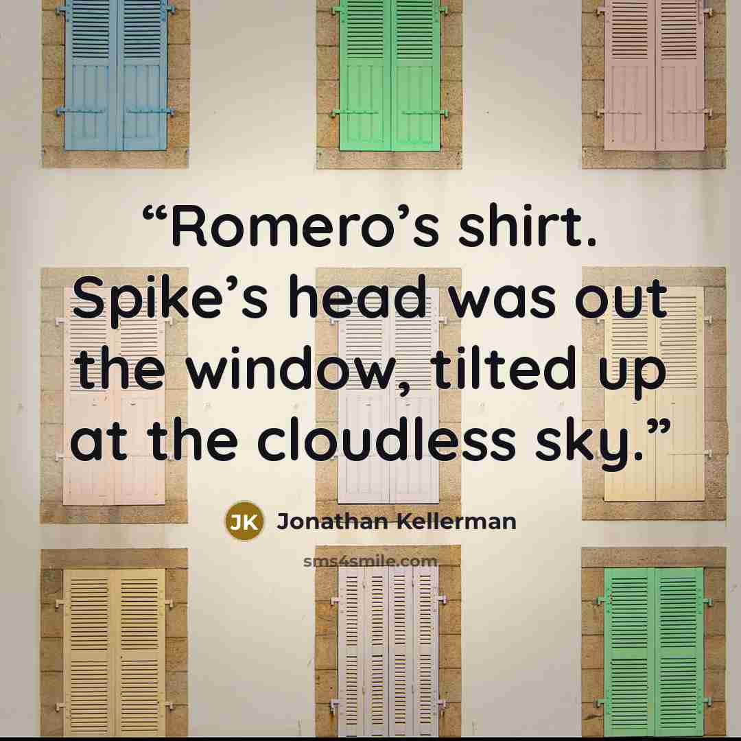 “Romero’s shirt. Spike’s head was out the window, tilted up at the cloudless sky.” quote by Jonathan Kellerman