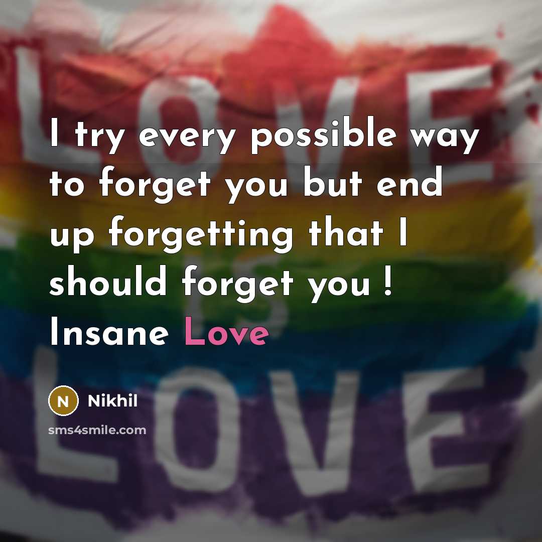 “I try every possible way to forget you but end up forgetting that I should forget you ! Insane Love” quote by Nikhil