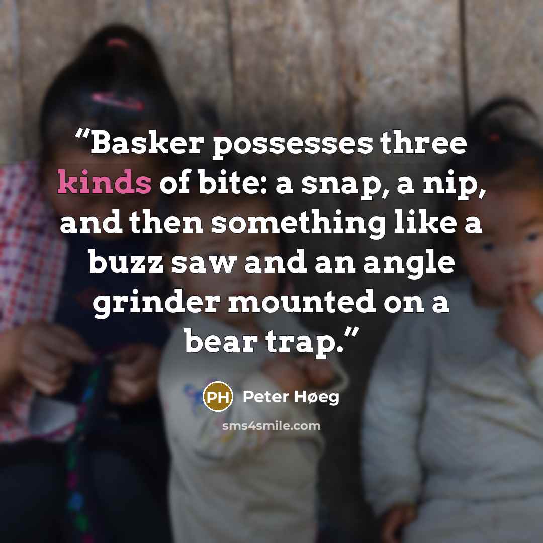 “Basker possesses three kinds of bite: a snap, a nip, and then something like a buzz saw and an angle grinder mounted on a bear trap.” quote by Peter Høeg