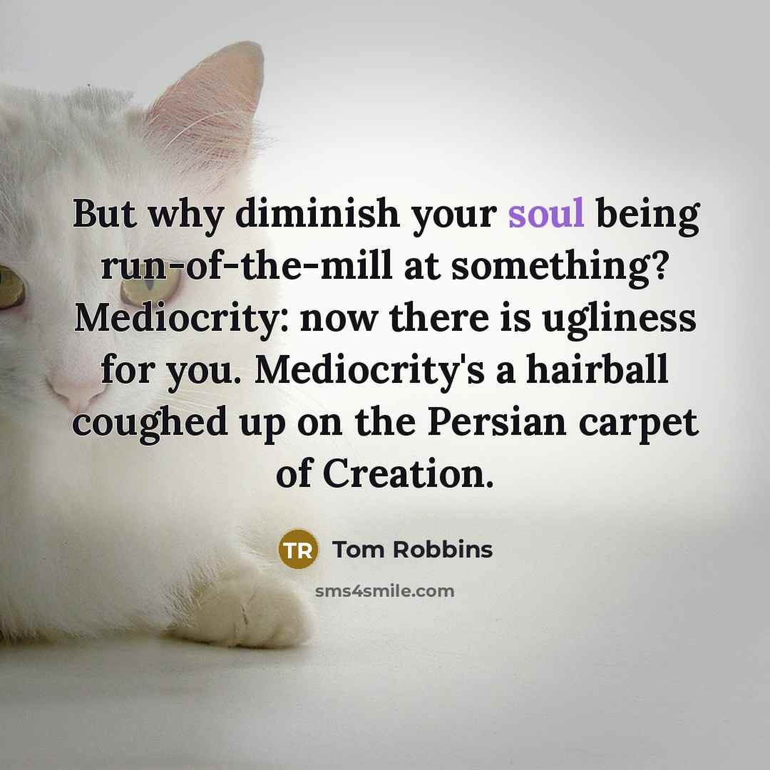 “But why diminish your soul being run-of-the-mill at something? Mediocrity:…” quote by Tom Robbins