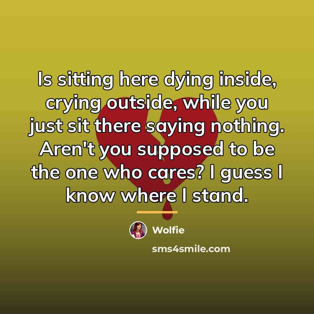 “Is sitting here dying inside, crying outside, while you just…” quote by Wolfie