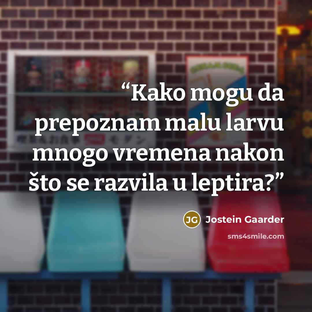 “Kako mogu da prepoznam malu larvu mnogo vremena nakon što se razvila u leptira?” quote by Jostein Gaarder
