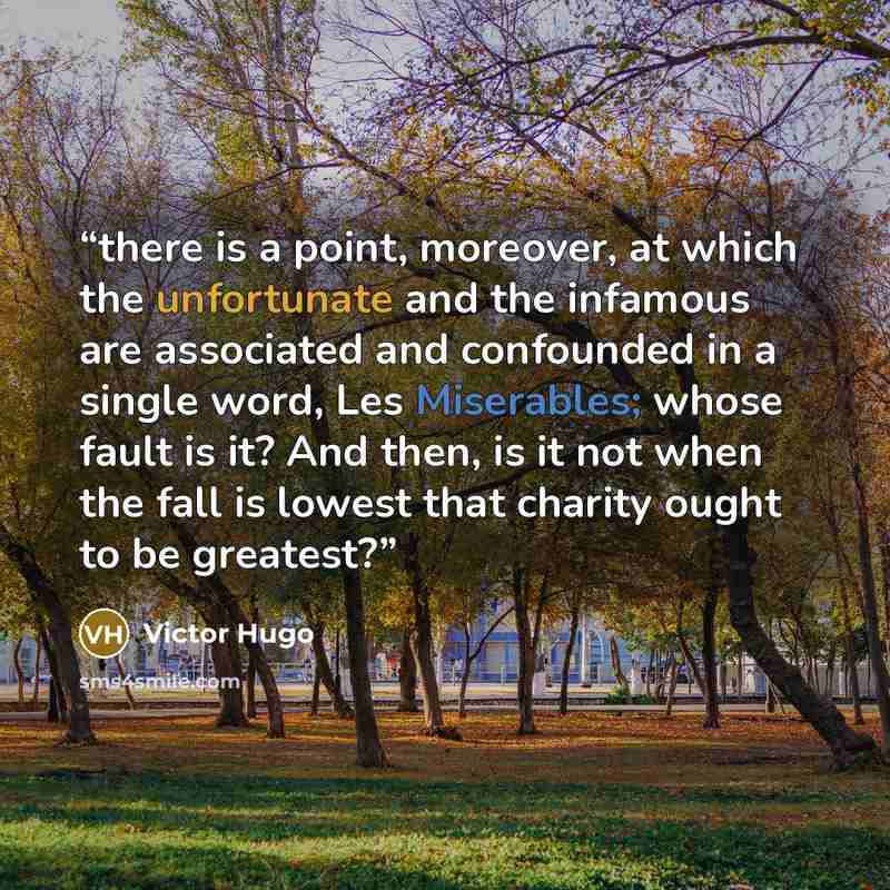 “there is a point, moreover, at which the unfortunate and the infamous are associated and confounded in a single word, Les Miserables; whose fault is it? And then, is it not when the fall is lowest that charity ought to be greatest?” quote by Victor Hugo