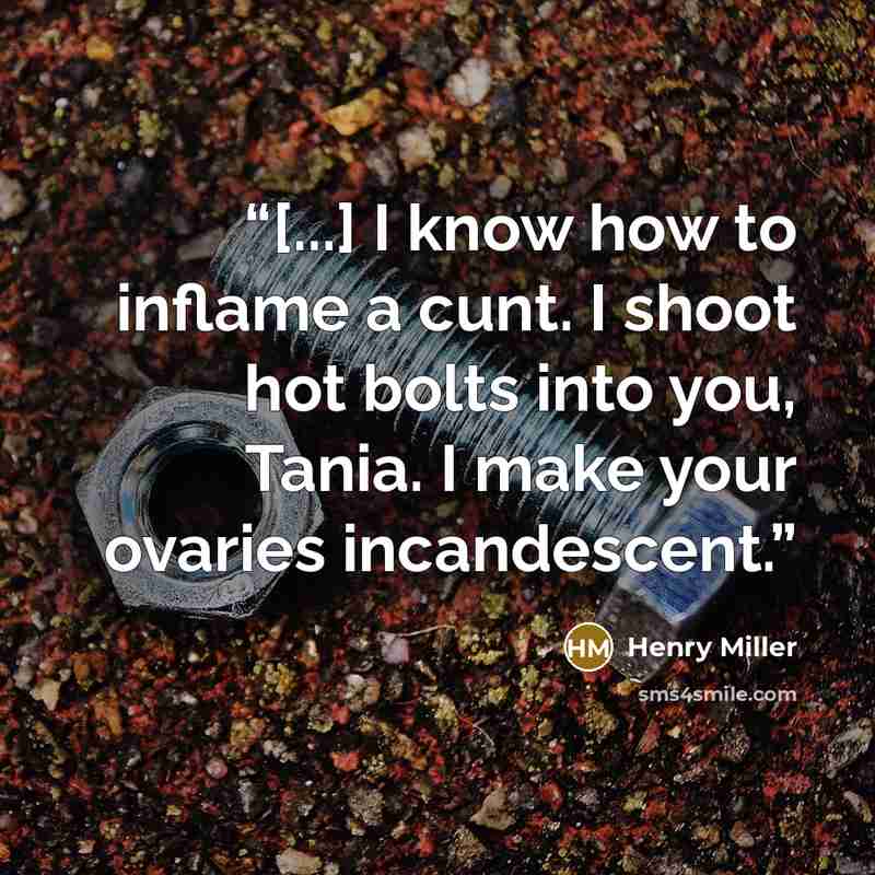 “[...] I know how to inflame a cunt. I shoot hot bolts into you, Tania. I make your ovaries incandescent.” quote by Henry Miller