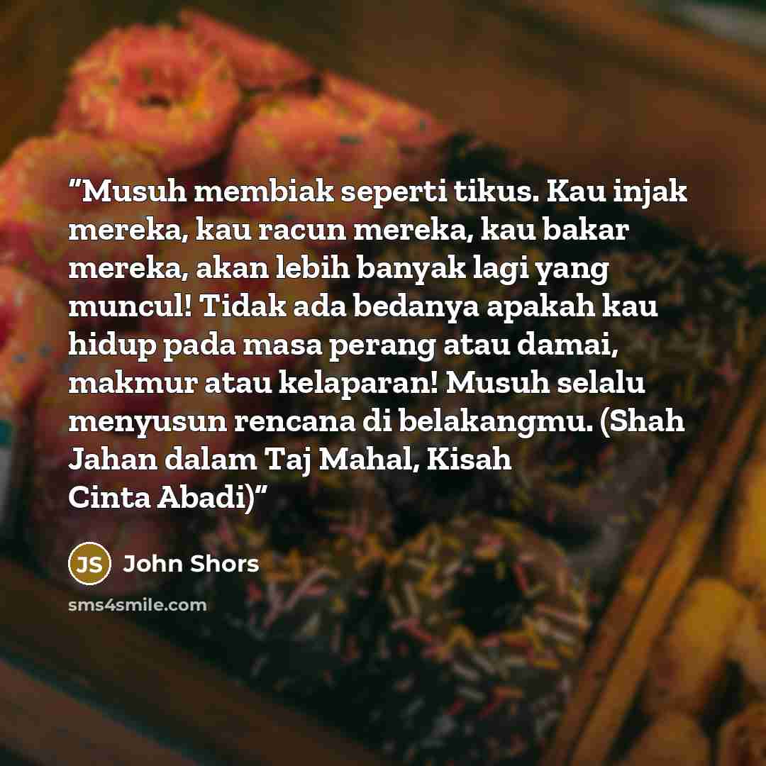 “Musuh membiak seperti tikus. Kau injak mereka, kau racun mereka, kau bakar mereka, akan lebih banyak lagi yang muncul! Tidak ada bedanya apakah kau hidup pada masa perang atau damai, makmur atau kelaparan! Musuh selalu menyusun rencana di belakangmu. (Shah Jahan dalam Taj Mahal, Kisah Cinta Abadi)” quote by John Shors