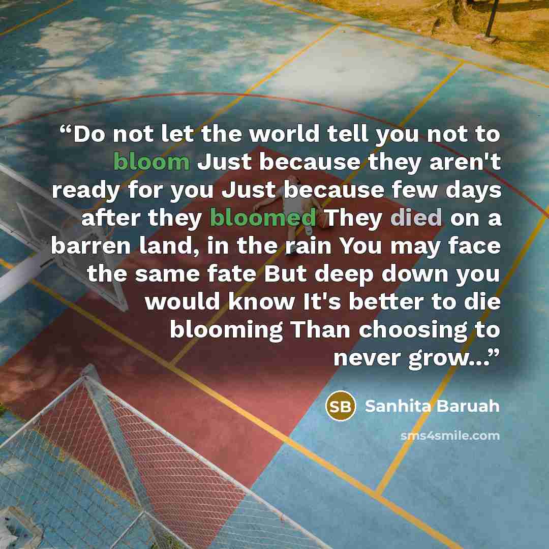 “Do not let the world tell you not to bloom Just because they aren't ready for you Just because few days after they bloomed They died on a barren land, in the rain You may face the same fate But deep down you would know It's better to die blooming Than choosing to never grow...” quote by Sanhita Baruah