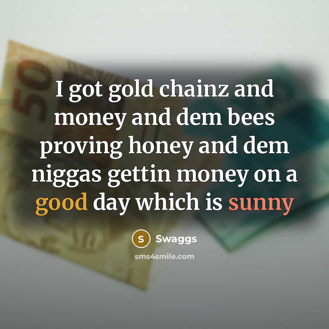 “I got gold chainz and money and dem bees proving honey and dem niggas gettin money on a good day which is sunny” quote by Swaggs