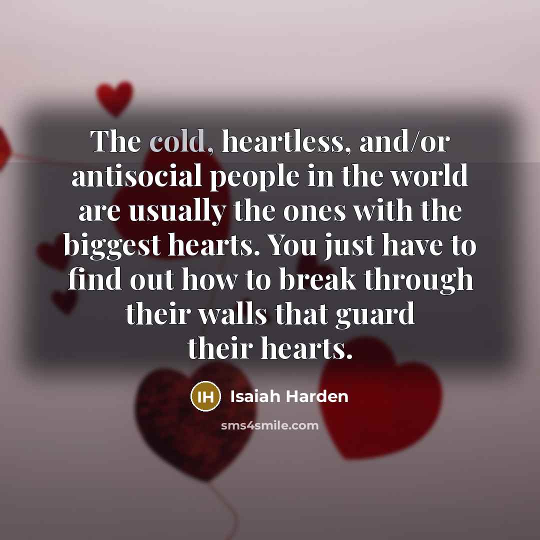 “The cold, heartless, and/or antisocial people in the world are usually the ones with the biggest hearts. You just have to find out how to break through their walls that guard their hearts.” quote by Isaiah Harden
