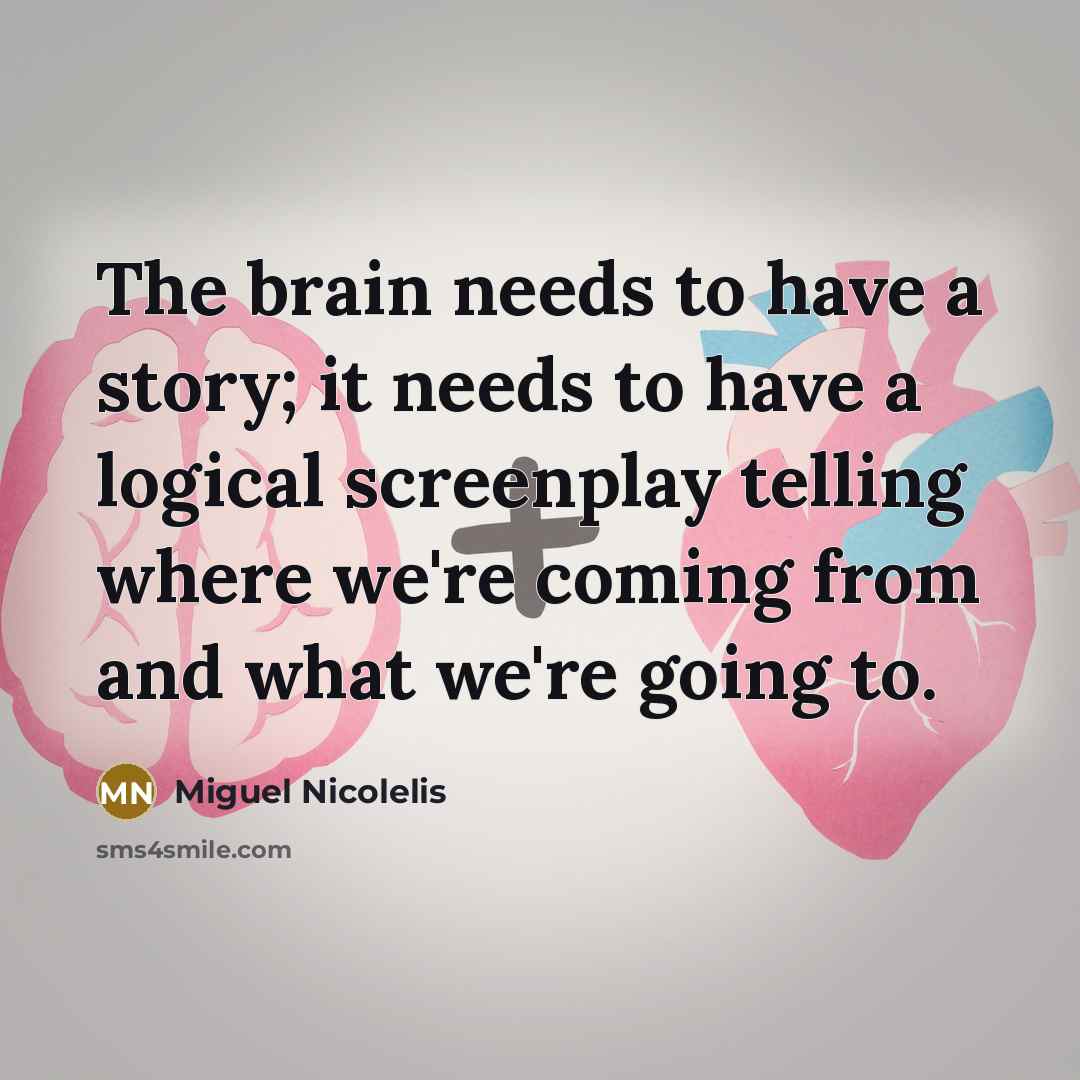 “The brain needs to have a story; it needs to…” quote by Miguel Nicolelis