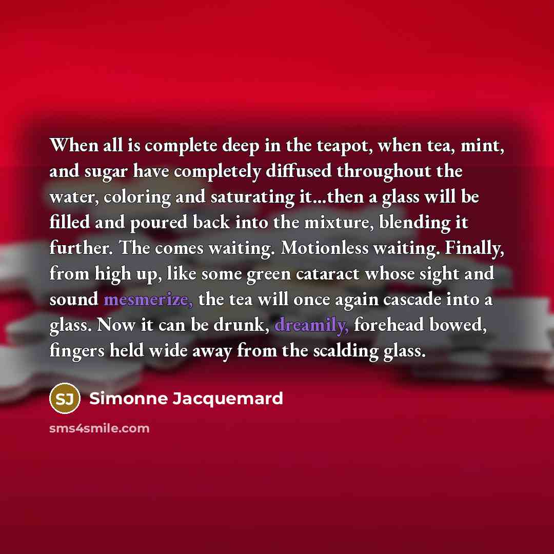 “When all is complete deep in the teapot, when tea, mint, and sugar have completely diffused throughout the water, coloring and saturating it...then a glass will be filled and poured back into the mixture, blending it further. The comes waiting. Motionless waiting. Finally, from high up, like some…” quote by Simonne Jacquemard