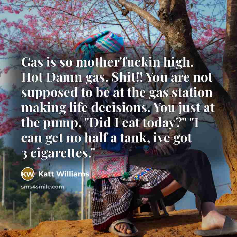 “Gas is so mother'fuckin high. Hot Damn gas. Shit!! You are not supposed to be at the gas station making life decisions. You just at the pump, "Did I eat today?" "I can get no half a tank, ive got 3 cigarettes."” quote by Katt Williams