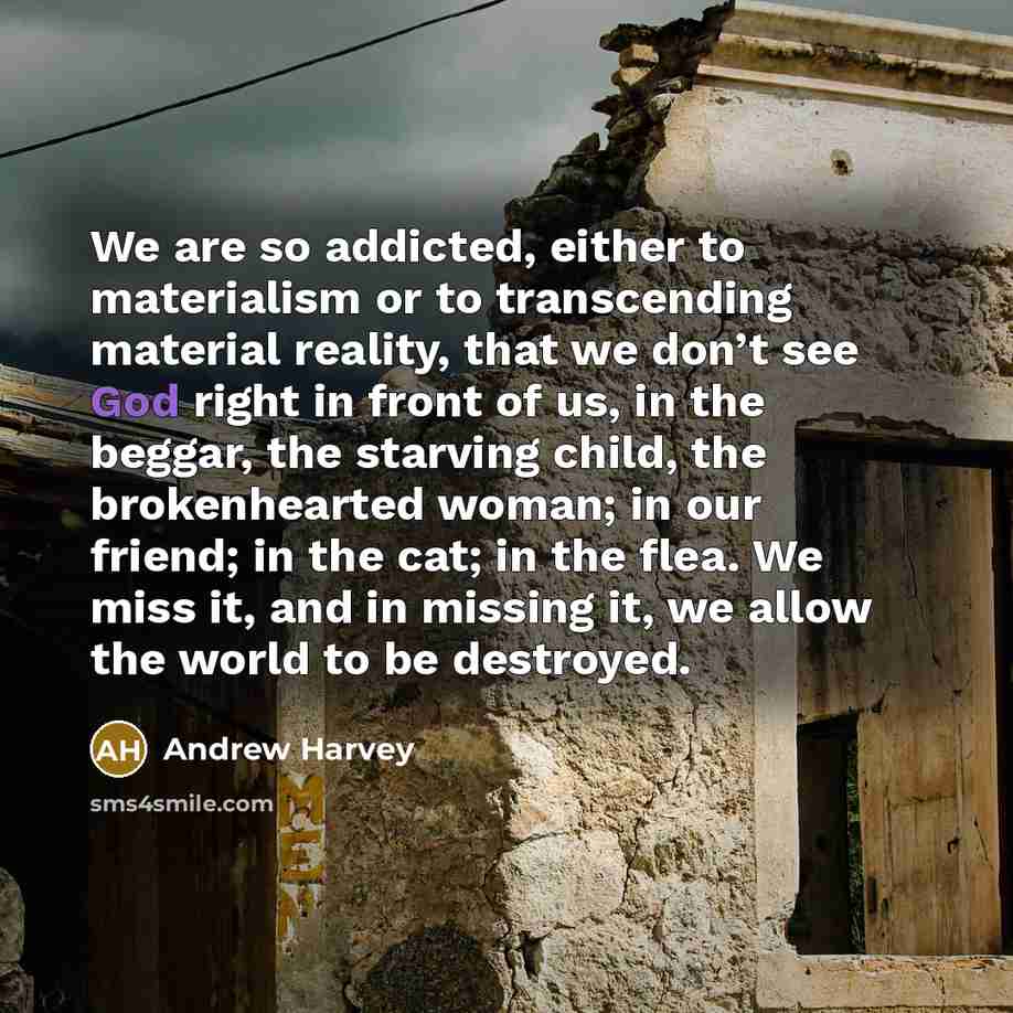 “We are so addicted, either to materialism or to transcending…” quote by Andrew Harvey