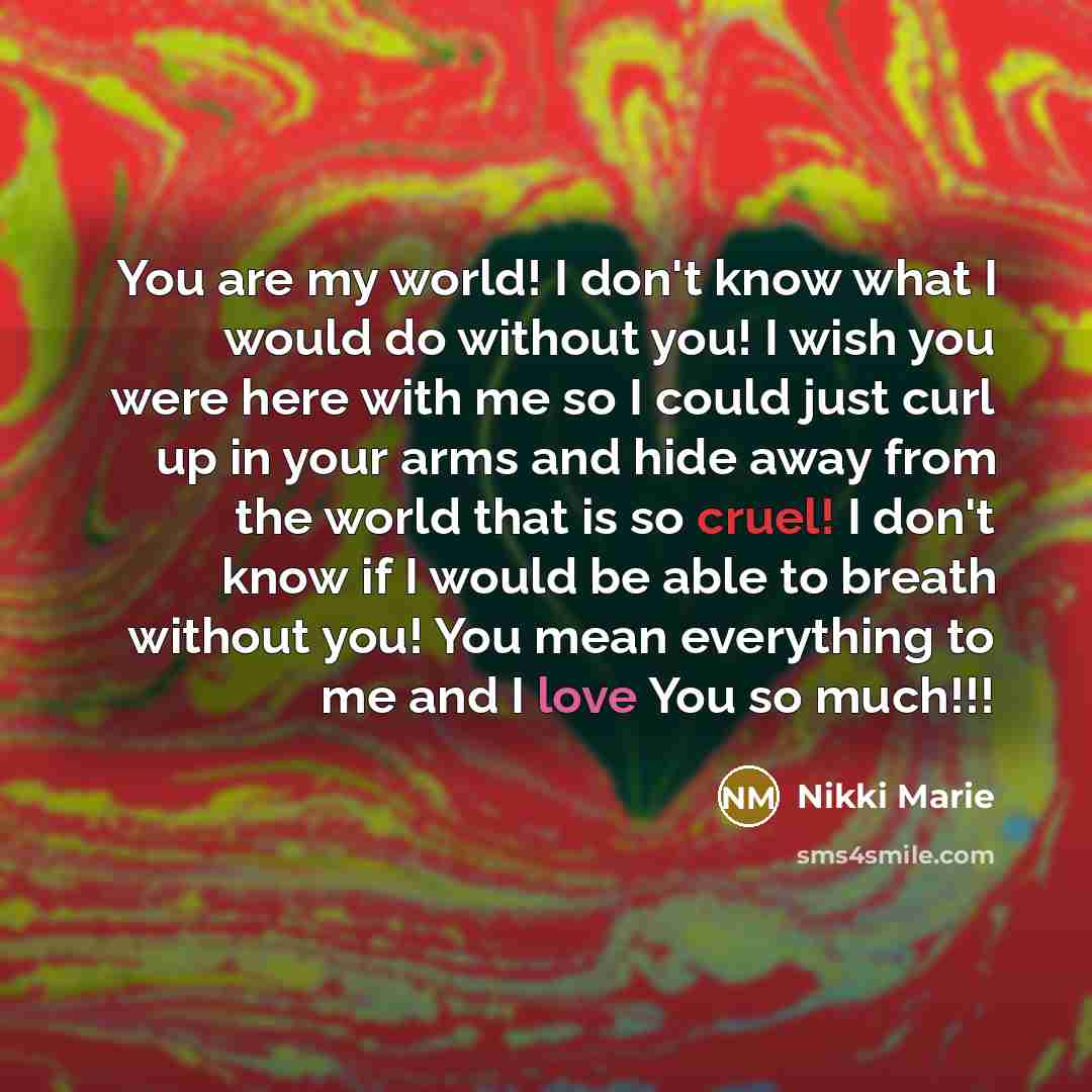 “You are my world! I don't know what I would do without you! I wish you were here with me so I could just curl up in your arms and hide away from the world that is so cruel! I don't know if I would be able to breath without you! You mean everything to me and I love You so much!!!” quote by Nikki Marie