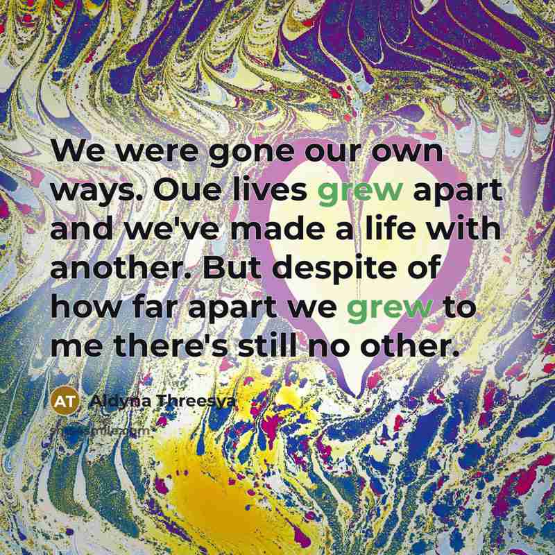 “We were gone our own ways. Oue lives grew apart and we've made a life with another. But despite of how far apart we grew to me there's still no other.” quote by Aldyna Threesya