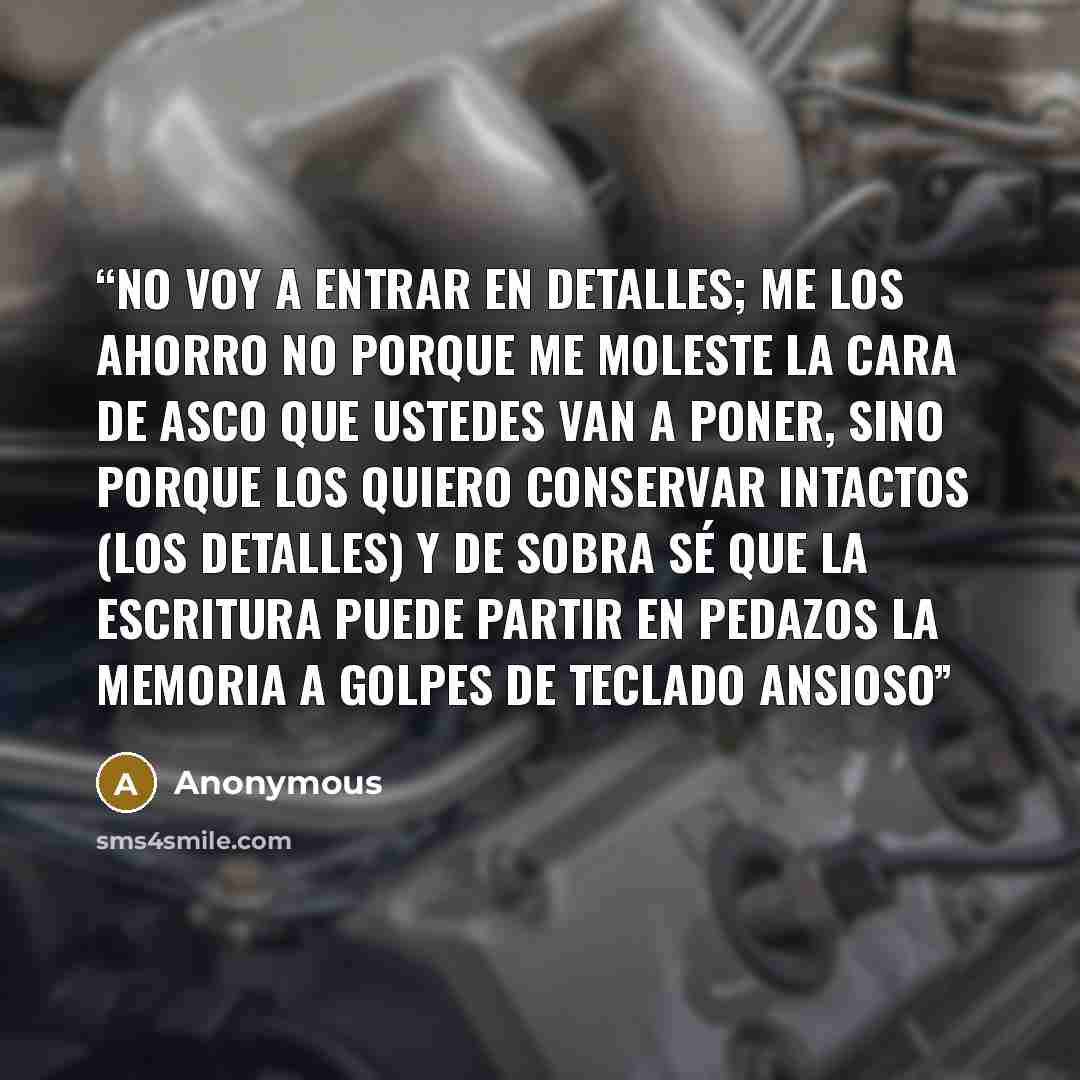 “No voy a entrar en detalles; me los ahorro no porque me moleste la cara de asco que ustedes van a poner, sino porque los quiero conservar intactos (los detalles) y de sobra sé que la escritura puede partir en pedazos la memoria a golpes de teclado ansioso” quote by Anonymous