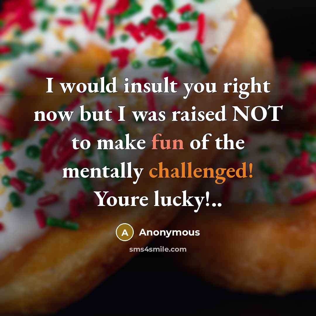“I would insult you right now but I was raised NOT to make fun of the mentally challenged! Youre lucky!..” quote by Anonymous