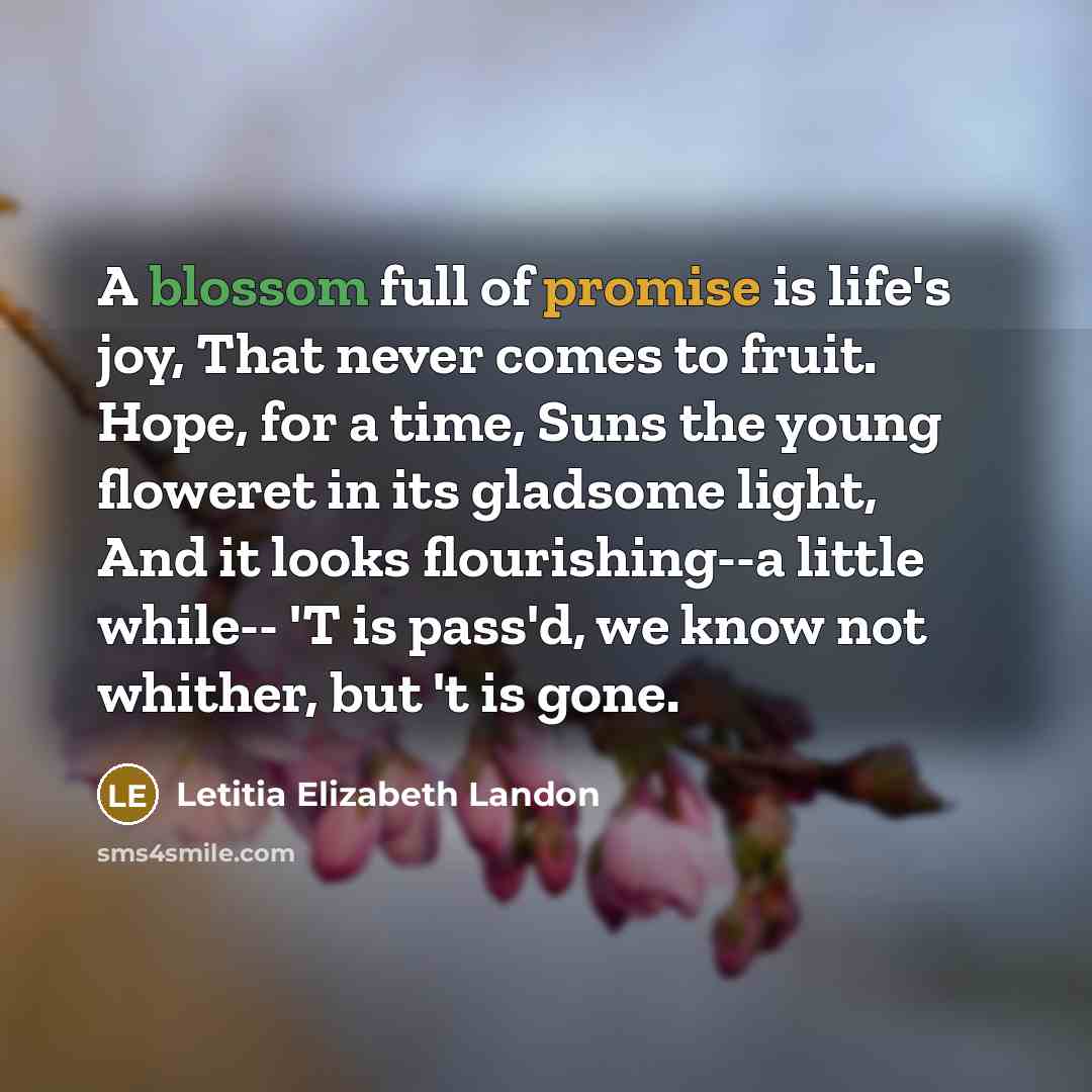“A blossom full of promise is life's joy, That never…” quote by Letitia Elizabeth Landon