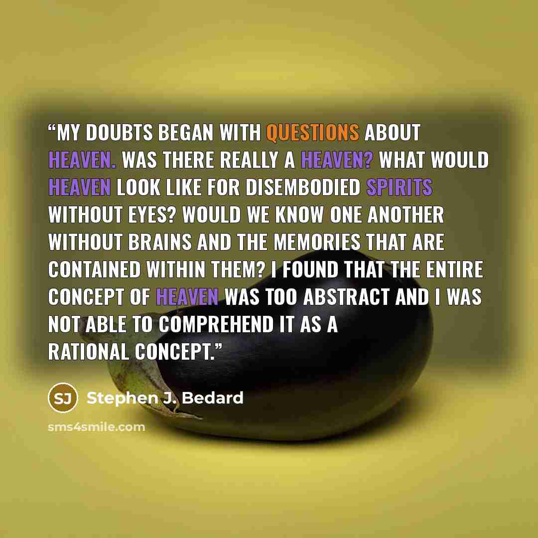 “My doubts began with questions about heaven. Was there really a heaven? What would heaven look like for disembodied spirits without eyes? Would we know one another without brains and the memories that are contained within them? I found that the entire concept of heaven was too abstract and I was…” quote by Stephen J. Bedard