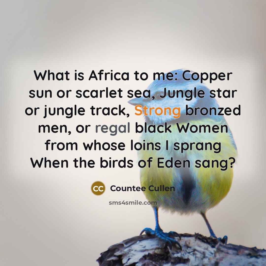 “What is Africa to me: Copper sun or scarlet sea, Jungle star or jungle track, Strong bronzed men, or regal black Women from whose loins I sprang When the birds of Eden sang?” quote by Countee Cullen