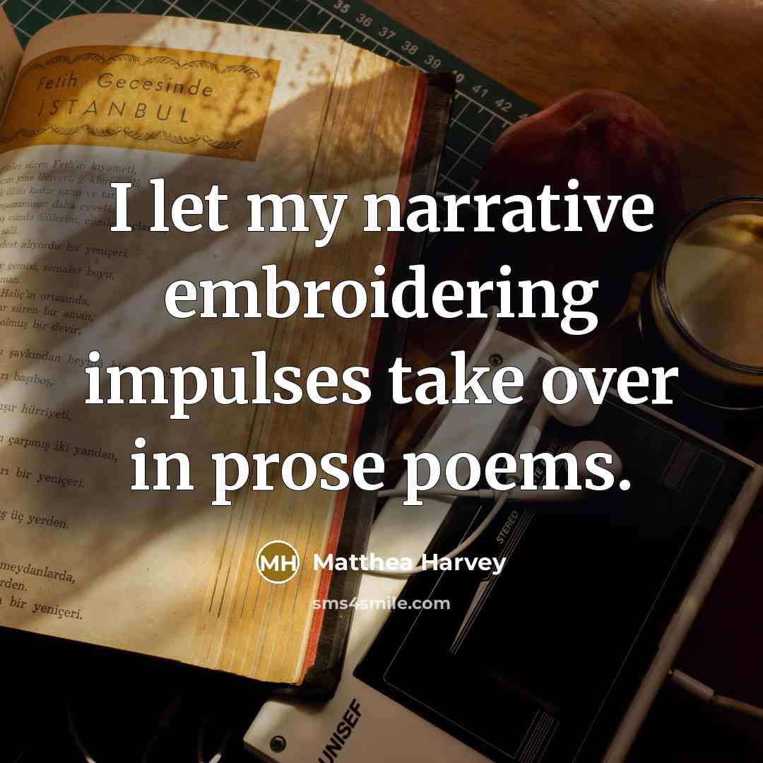 “I let my narrative embroidering impulses take over in prose…” quote by Matthea Harvey