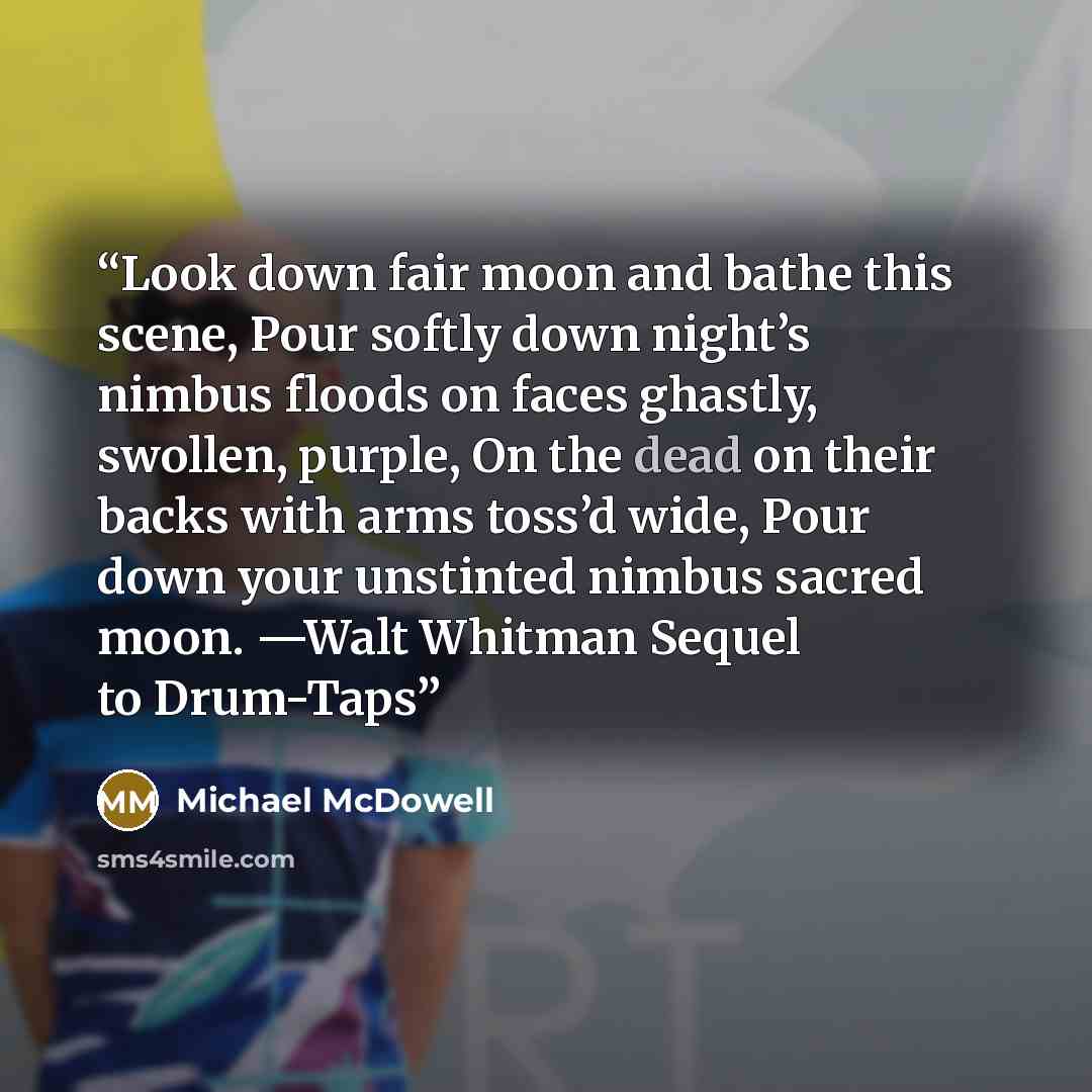 “Look down fair moon and bathe this scene, Pour softly down night’s nimbus floods on faces ghastly, swollen, purple, On the dead on their backs with arms toss’d wide, Pour down your unstinted nimbus sacred moon. —Walt Whitman Sequel to Drum-Taps” quote by Michael McDowell