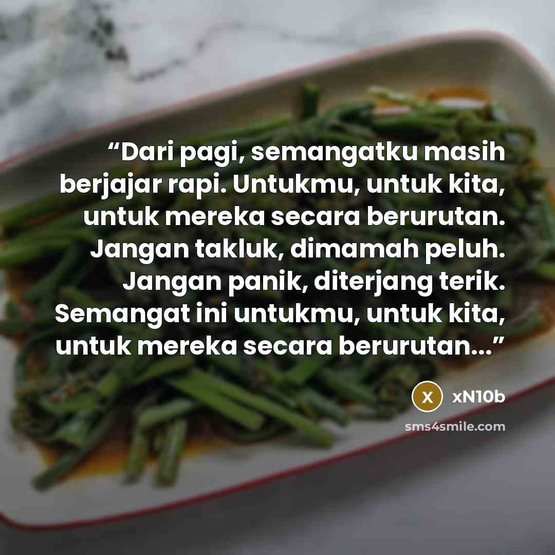 “Dari pagi, semangatku masih berjajar rapi. Untukmu, untuk kita, untuk mereka secara berurutan. Jangan takluk, dimamah peluh. Jangan panik, diterjang terik. Semangat ini untukmu, untuk kita, untuk mereka secara berurutan...” quote by xN10b