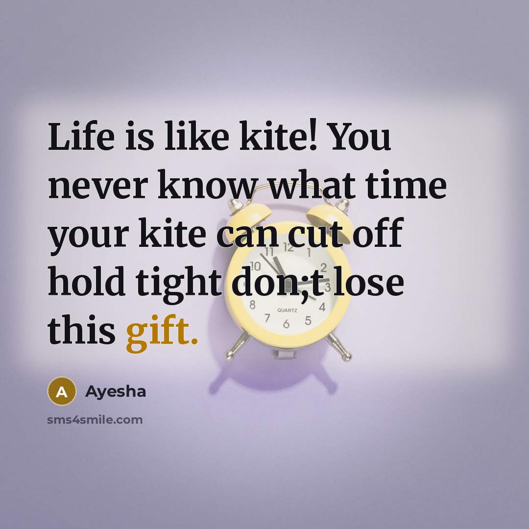 “Life is like kite! You never know what time your kite can cut off hold tight don;t lose this gift.” quote by Ayesha