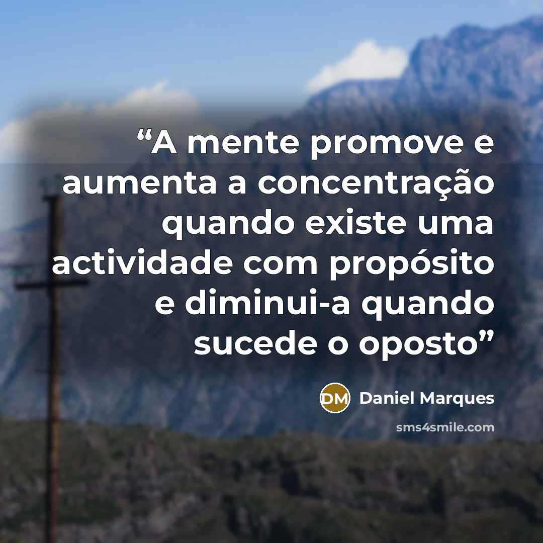 “A mente promove e aumenta a concentração quando existe uma actividade com propósito e diminui-a quando sucede o oposto” quote by Daniel Marques