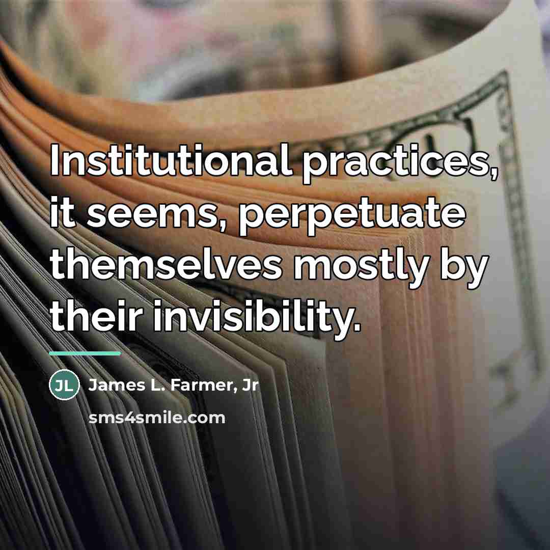 “Institutional practices, it seems, perpetuate themselves mostly by their invisibility.…” quote by James L. Farmer, Jr