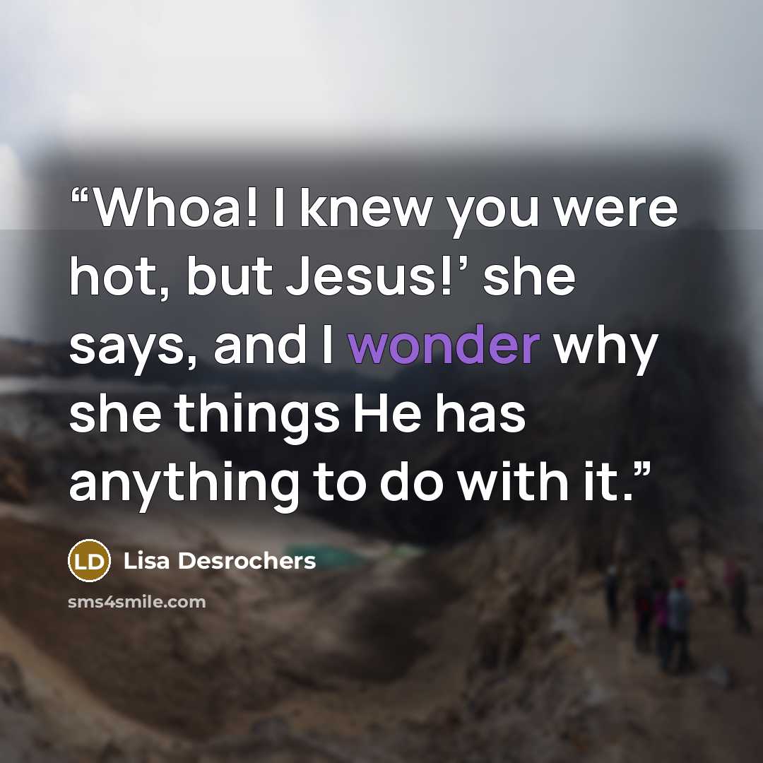 “Whoa! I knew you were hot, but Jesus!’ she says, and I wonder why she things He has anything to do with it.” quote by Lisa Desrochers