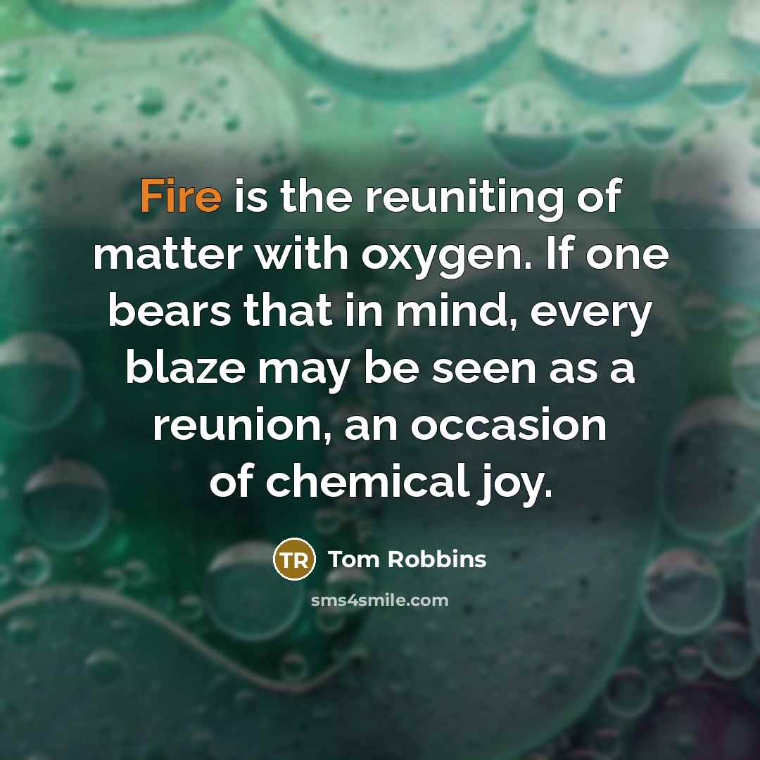 “Fire is the reuniting of matter with oxygen. If one…” quote by Tom Robbins