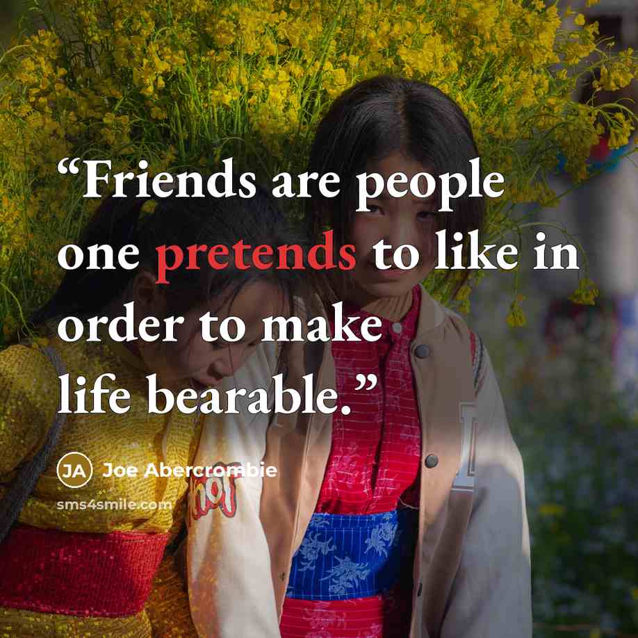“Friends are people one pretends to like in order to make life bearable.” quote by Joe Abercrombie